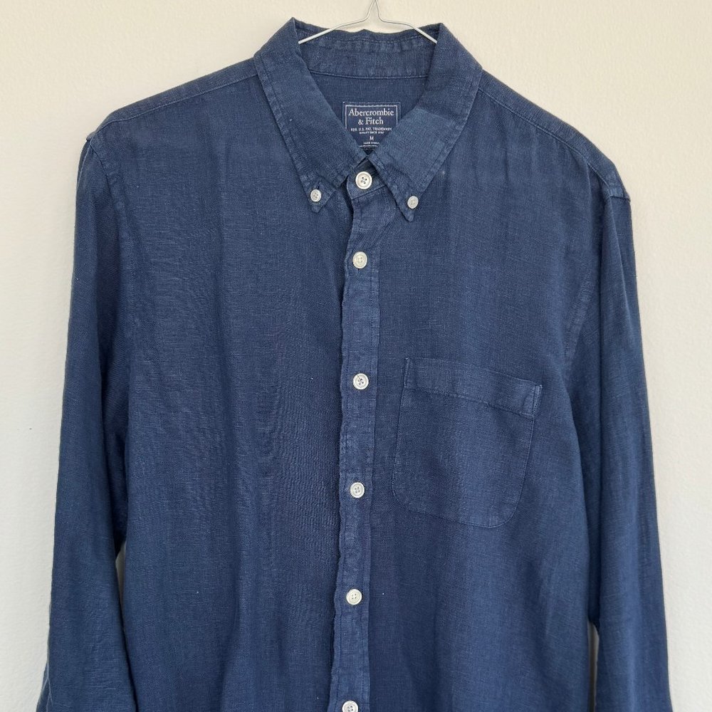 Abercrombie & Fitch Men's Linen Blue Collared Shirt